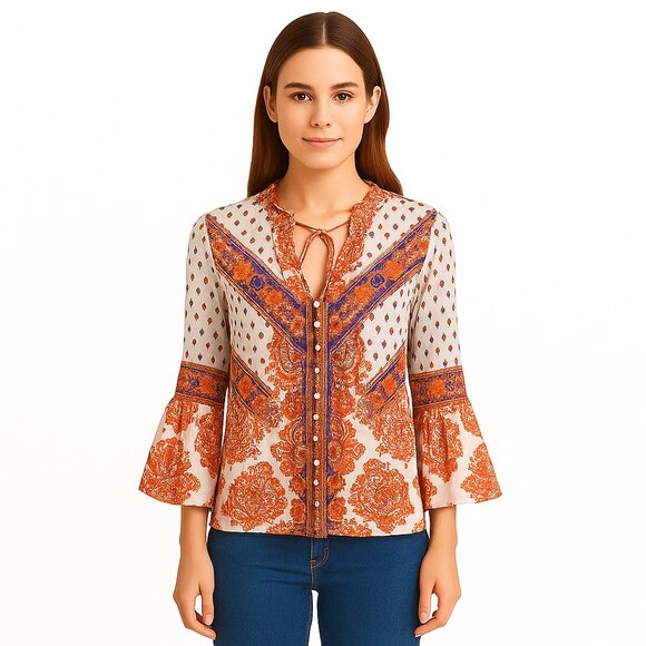 Free People Boho Printed Blouse XS – Orange & Purple Peasant Top - Picture 1 of 8